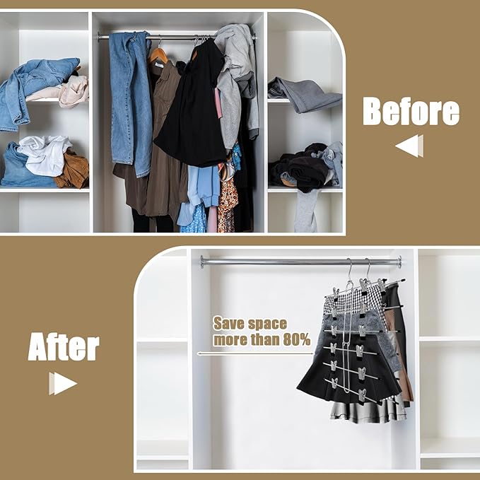 6 Tier Skirt Hangers Space Saving,2 Pack Pants Skirts Hangers with Clips for Women Closet,Non Slip Closet Organizer and Storage Multi Clothes Shorts Hanger Organization Dorm Room Essentials