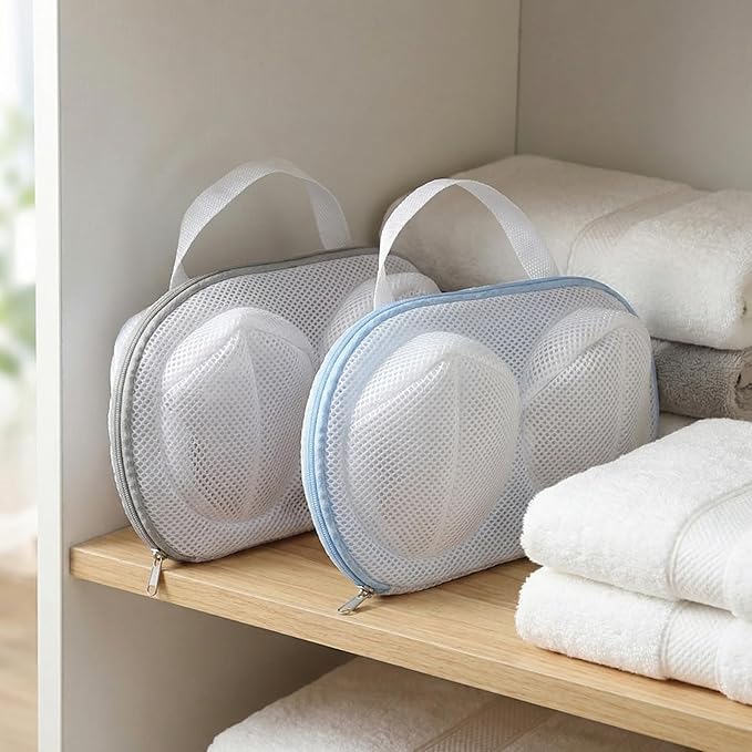 2 Pack Large Bra Wash Bag with Hooks, 3D Mesh Laundry Mesh Bag for Lingerie and Delicates, Zippered Underwear Laundry Bag, Gray & Blue