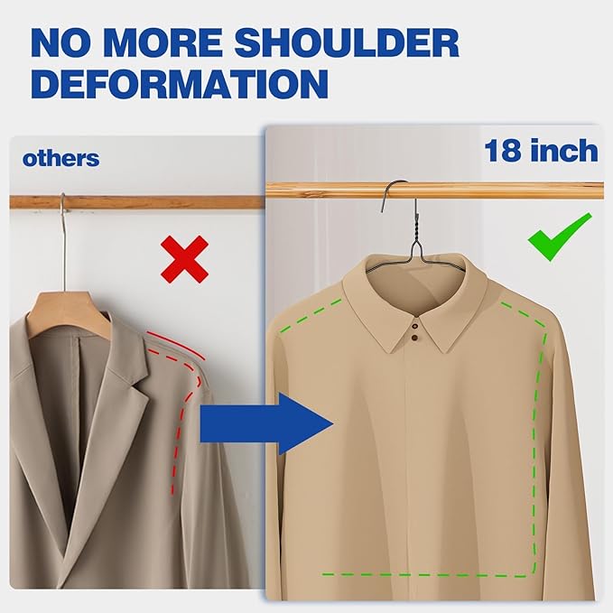18 Inch Wire Metal Clothes Hangers Bulk 100 Pack, Extra Long for Large Size Suits, Coats, Shirts, Pants, Skirts, Ultra Thin, Space Saving, Non Slip, Black