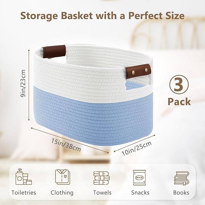 Cotton Rope Basket, Storage Baskets with Handle, 15x10x9 Inch Woven Basket for Shelves, Laundry, Towels, Clothes, Books (White/Blue 3Pack)