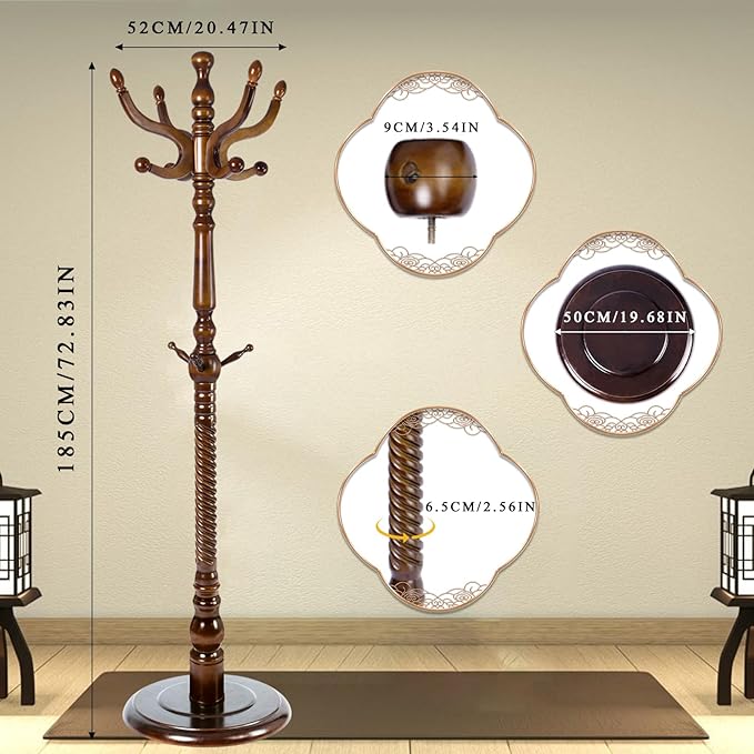 Coat Rack Freestanding, Wooden Tree Coat Rack Stand with 2 Adjustable Sizes Coat Tree and 11 Hooks, Sturdy Hall Tree with Tri-Legged Base for Entryway, Hallway, Bedroom (Walnut-Solid Round Base)