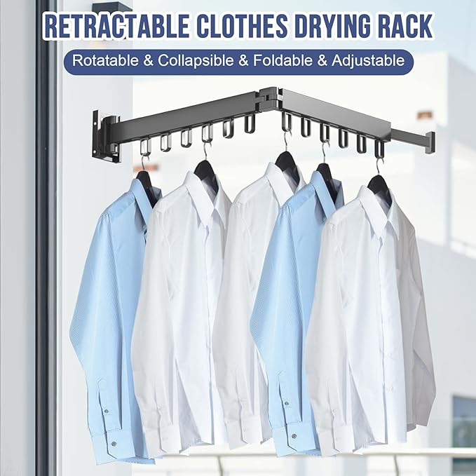 MIFXIN Clothes Drying Rack Foldable Wall Mounted Retractable Laundry Drying Rack Two-Fold Collapsible Clothes Hanger Folding Clothing Rack for Laundry Balcony (Black)