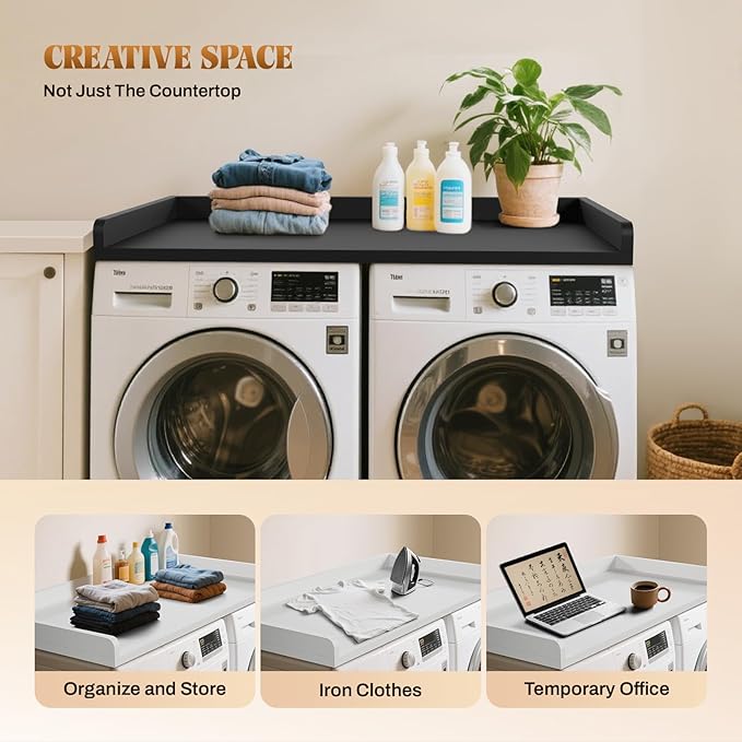 GCCSJ Washer Dryer Countertop, 54" Width x 27.5" Depth Wood Laundry Topper with Edge & Non-Slip Pads for Laundry Room Organization Storage & Clothes Folding, Black