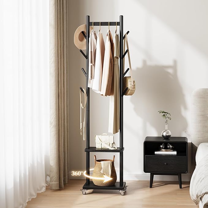 Yoobure Solid Wood Coat Rack Freestanding - Rolling Clothes Rack with 8 Hooks & Shelves, Small Clothing Rack with Wheels, Heavy Duty Clothing Racks for Hanging Clothes, Portable Hall Tree for Entryway