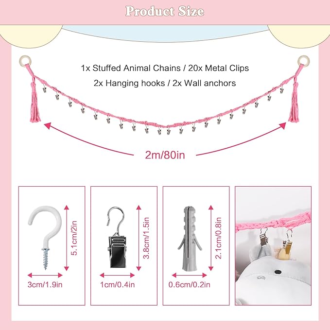 1/2 pcs 80" Cotton Hanging Storage Chain for Stuffed Animals Storage with 20 Metal Clips, Stuffed Animal Organizer Chain for Wall Corner Nursery Play Room, Pink