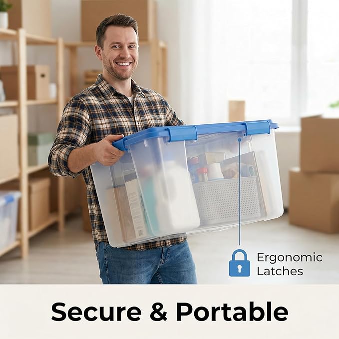 113 Qt Clear Stackable Latching Storage Bin with Smoke Blue Lid,Large Storage Bins With Lids, 36x16.8x14.2 Inches for Home & Garage Organization