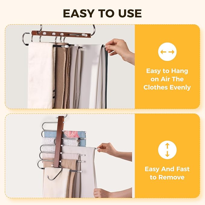 Pants Hangers Space Saving, 2 Packs Wooden Closet Organizer, Anti-Slip Design Leggings Hanger, Multi-Layer Clothing Pant Rack for Jeans, Trousers, Skirts, Scarves & Slacks