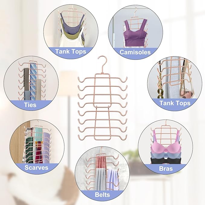 2Pcs Tank Top Hangers Space Saving Hanger Organizer Bra Hangers for Closet Organizer 360° Rotating Metal Closet Organizers and Storage Lingerie Hooks for Cami Bras Belts Swimsuits Lingeries Rose Gold