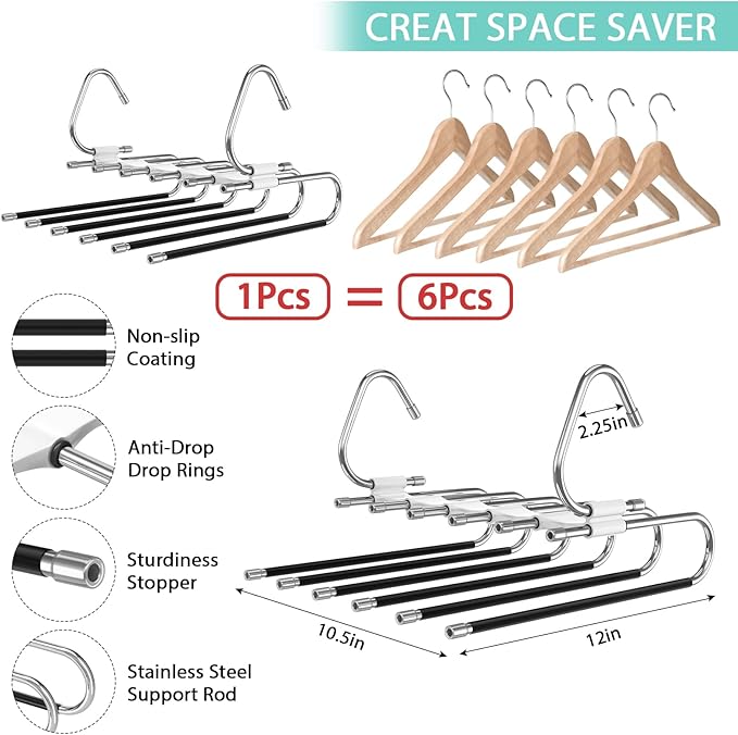 Upgrade 6 Layers Pants Hangers Space Saving, 2Pack Stainless Steel Multifunctional Rack Non Slip S-Type Clothes Jean Hanger Closet Organizer for Jeans Leggings Trousers Skirts Scarf, White