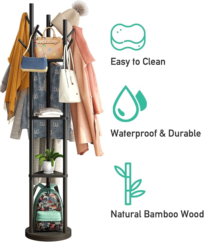 Rotary Coat Rack Stand with 8 Hooks, Black Bamboo Wood Coat Tree for Clothes/Bags/Hats, Large Coat Rack Freestanding for Entryway (Black_triangle)