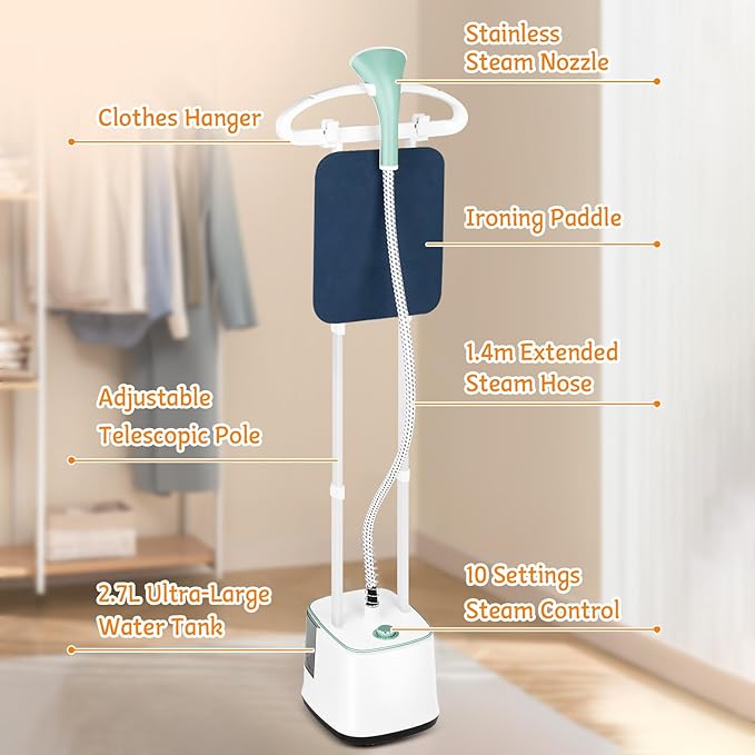 ADVWIN Steamer for Clothes, 2000W Powerful Standing Garment Steamer, 10 Steam Levels, 2.7L Water Tank for 90 Mins Continuous Steaming, Home & Commercial Use, Hanger, Gloves, Fabric Brush (Green)