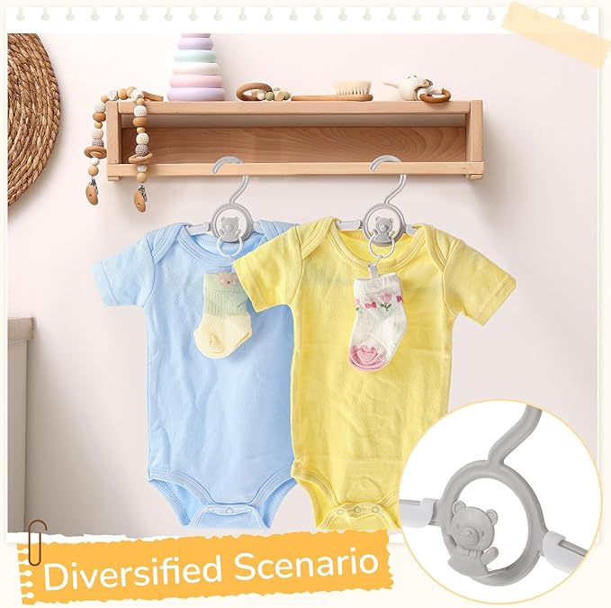 Hsei 30 Pcs Nursery Baby Hangers with 30 Pcs Ring Clips, Adjustable Baby Hangers with Clips, 10-13" Adjustable Children Hanger for Newborn Infant Socks Pants Closet Shirts