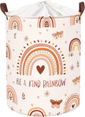 Clastyle 45L Boho Rainbow Laundry Hamper with Handle Drawstring Waterproof Butterfly Flowers Pink Laundry Basket Round Clothes Toys Heart Basket for Nursery Room