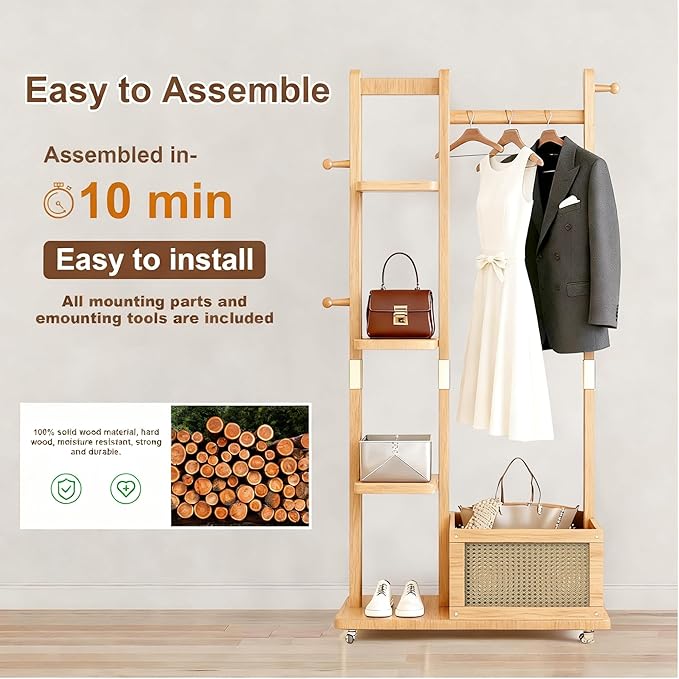 Solid Wood Coat Rack Clothing Rack with Wheels, Clothes Rack Freestanding with Storage, Heavy Duty Garment Rolling Rack Hall Tree with 4 Shelves & 4 Hooks for Entryway Hallway Office
