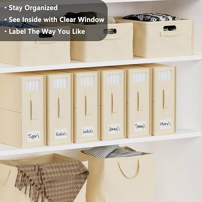 SheetCube Bed Sheet Organizers and Storage 8 Pack, Foldable Linen Closet Organizer with Window and Label, Bedding Folder Storage Box Container for Blanket, Duvet Cover Set, Bed Sheet Set - Beige