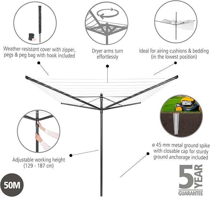 Brabantia Lift-O-Matic Outdoor 4 Arm Clothesline (164 ft/Ø 1.8") Height Adjustable, Folding Clothes Drying Rack + Ground Spike, Cover + Bag of Clothespins (Anthracite)