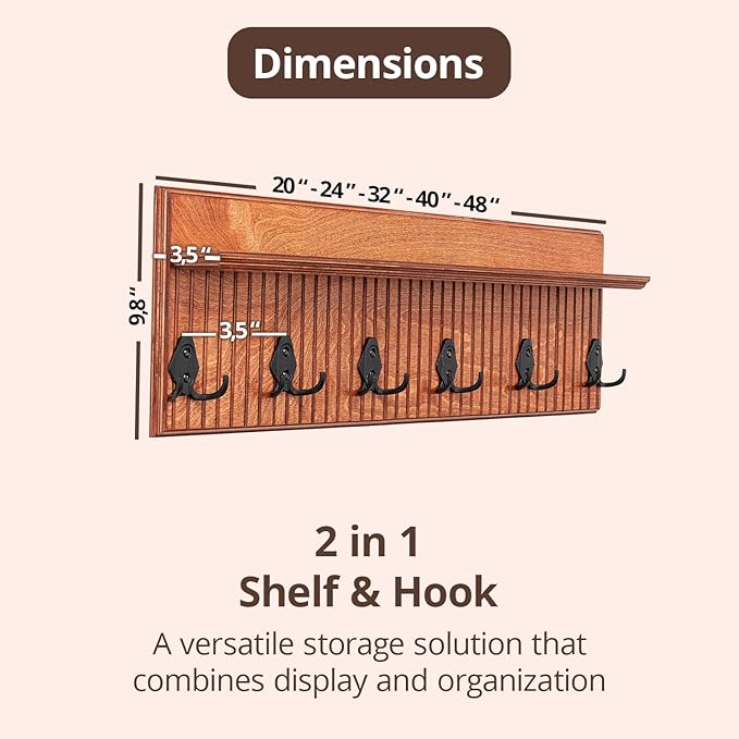 Rustic Wall Mounted Coat Rack with Shelf Wooden Entryway Organizer with 5 Metal Hooks for Coats Hats Towels Keys Floating Storage Shelf for Bathroom Bedroom (Mango Oxide, 45 inch Striped 8 Hooks)