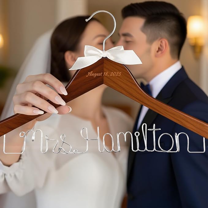 2 Pcs Personalized Wedding Hangers, Mr & Mrs Custom Hangars Name for Bride and Groom, Wooden Dress Hanger, 4 Colors Wedding Hangers for Bridal Shower, Engagement, Anniversary, Bridesmaid Gift