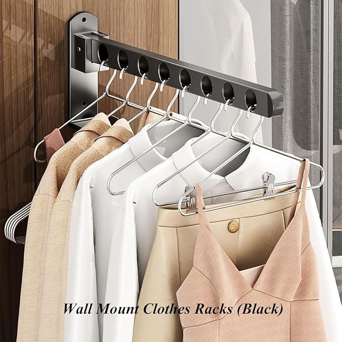 2 Pack Stainless Steel Clothes Hanger Drying Racks, Wall Mount Folding Garment Racks, Black Coat Hanger Racks, Space Saver Clothing Closet Rack Storage Organizer for Laundry Bedroom Bathroom(15.75 in)