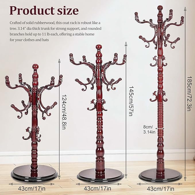 73" Wooden Coat Rack Freestanding, Coat Rack Stand With 18 Hooks And Round Solid Wood Base，Adjustable Height, Easy To Assemble For Entrance Hallway Office Living Room Bedroom