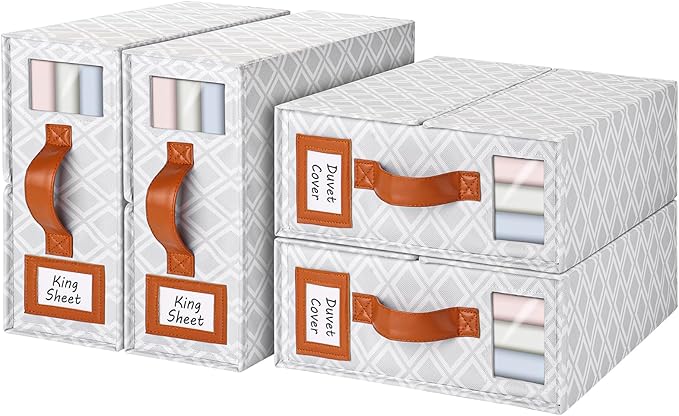 4 Pack Bed Sheet Organizers and Storage, (King & Queen Size) Sheet Organizer for Linen Closet, Foldable Bedding Storage Box with Window for Bedsheets, Duvet Cover and Pillowcase (Light Printed 4 Pack)