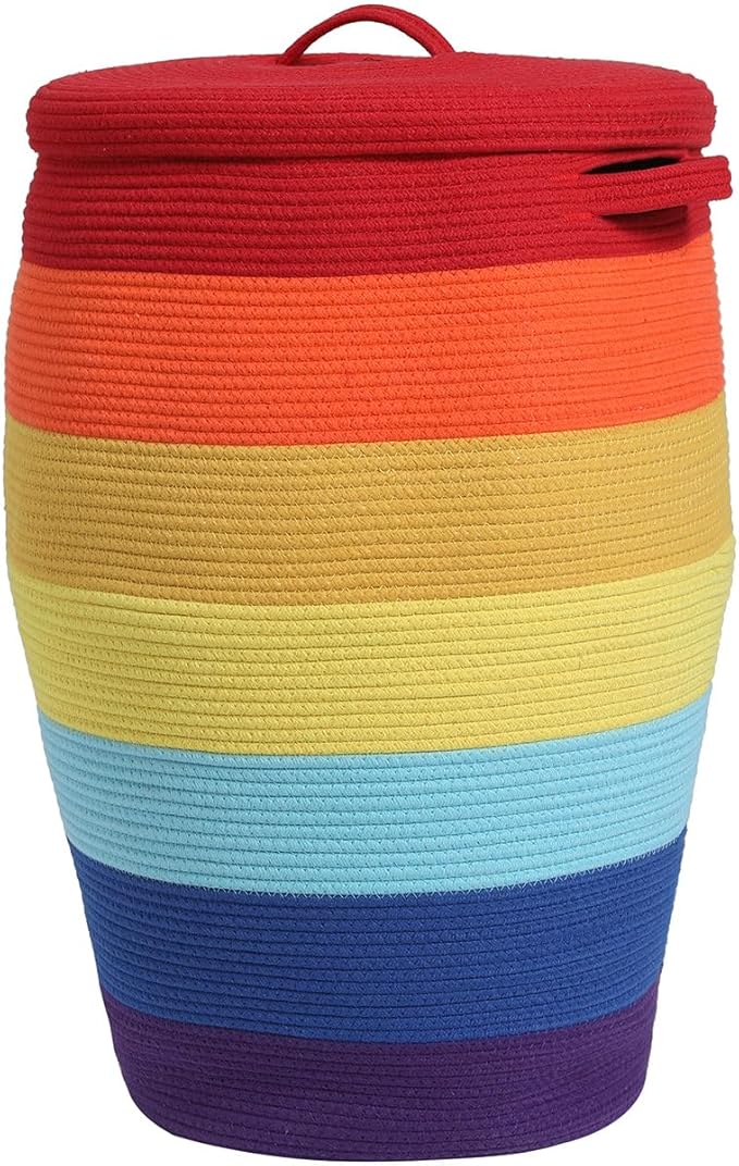 26" x 20" Handcrafted Tall Cotton Rope Basket with Lid, Stylish Flagon Shape with Cover, Clothes Hamper with Top, for Bedroom and Living Room, Rainbow