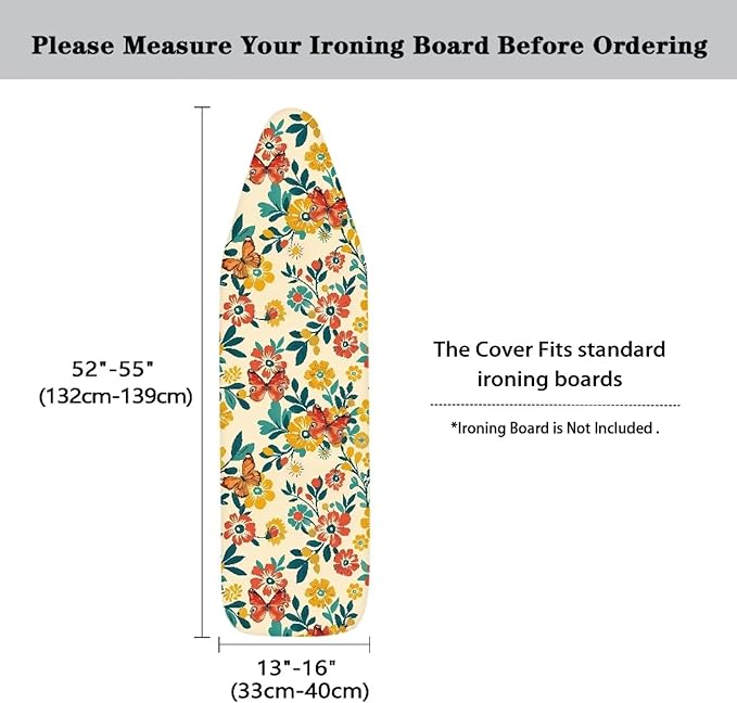 Flowers Butterfly Standard Size Iron Pad Covers Tolerates High Temperature Anti-Dirty Durable Ironing Board Replacement Cover with Hook and Loop Fastener Strap