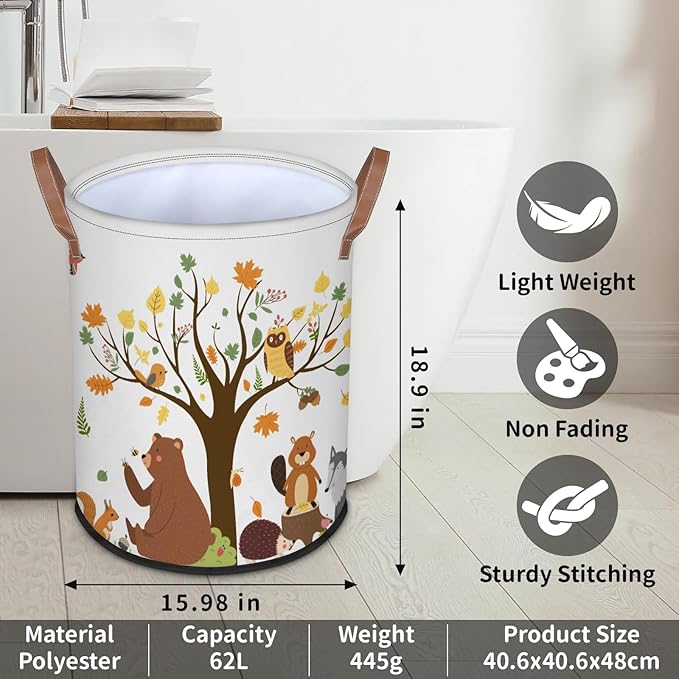 Kids Laundry Hamper Dirty Clothes Basket 18" Collapsible Polyester Sturdy & Lightweight Fall Animals Storage Bin with Handles for Bedroom Bathroom Living Room