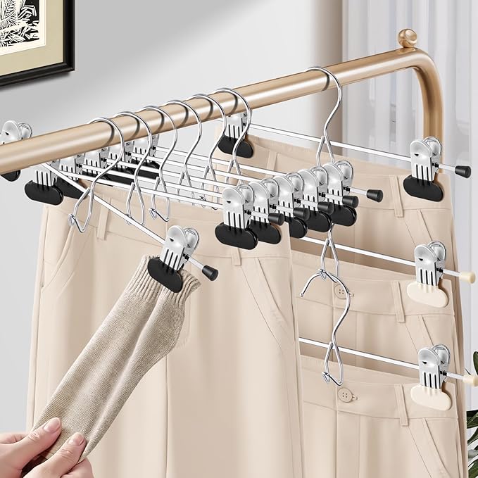 HUADYMEET 14Inch Pants Skirt Hangers Space Saving with Adjustable Wide Clips,Heavy Duty Stackable Non-Slip Metal Clothes Hanger for Men, Women, Jeans, Trousers, Shorts, Slacks,20 Pack（Black）