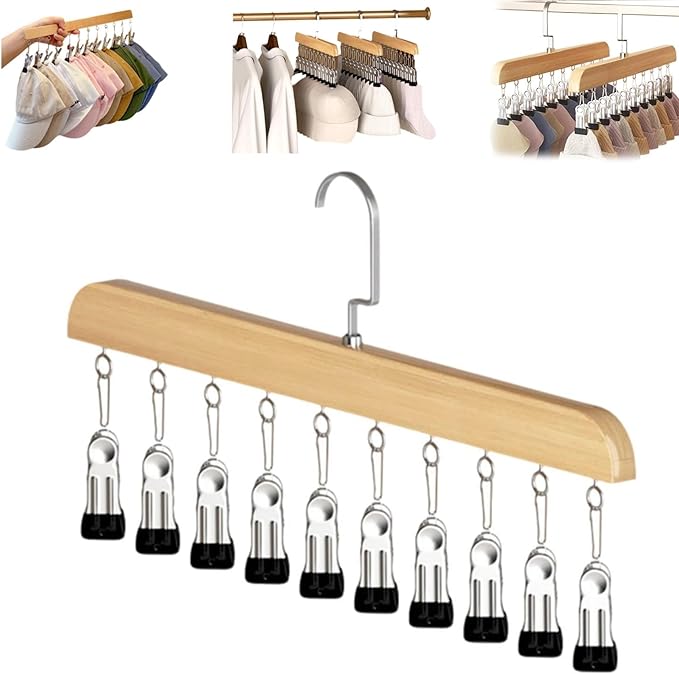 Closet Organizer with 10 Clips, 2026 NEW Space Saving Hanging Closet Organizer, Space-Saving Hat Scarf Clothespins for Jeans Skirts Socks Pant Hangers with Clips (1, Wood)