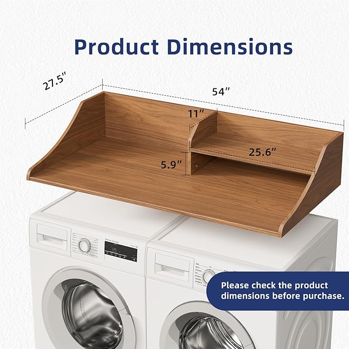 2 Tiers Washer Dryer Countertop, 54" Width x 27.5" Depth Laundry Countertop Organization, Wooden Washer and Dryer Topper for Folding, Sorting & Ironing, Easy to Install, Walnut