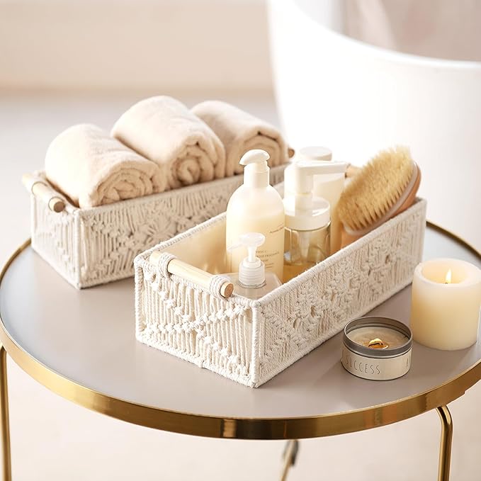 Mkono Macrame Storage Baskets Boho Decor Box Handmade Woven Decorative Countertop Toilet Tank Shelf Cabinet Organizer for Bedroom Livingroom Home, Set of 2, Ivory
