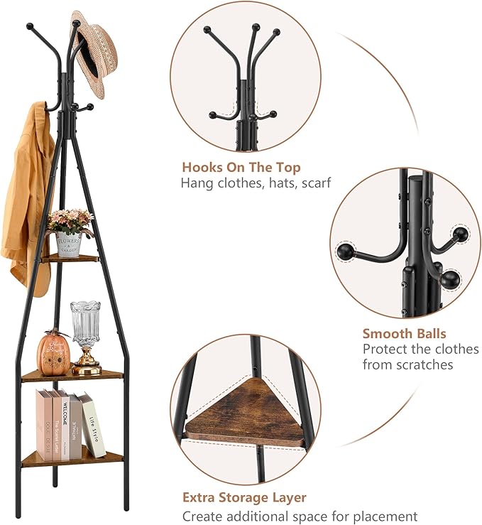 Hoctieon 3-Tier Coat Rack Freestanding with Hooks, Industrial Coat Tree Freestanding, Mordern Coat Racks Free Standing with Shelf, Coat Rack with Storage for Clothes, Hats, Bags