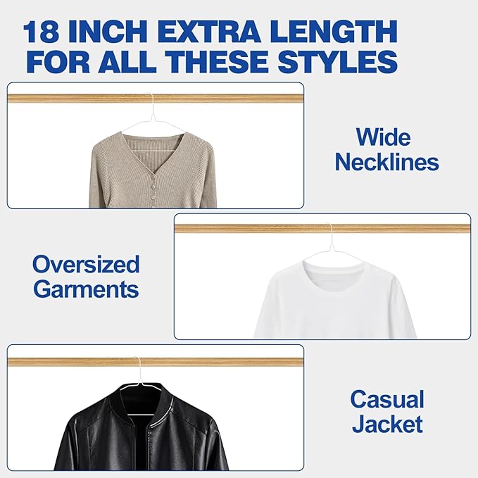 18 Inch Wire Metal Clothes Hangers Bulk 100 Pack, Extra Long for Large Size Suits, Coats, Shirts, Pants, Skirts, Ultra Thin, Space Saving, Non Slip, White