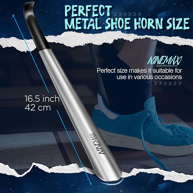 NINEMAX Shoe Horn Long Handle for Seniors Men Women, Metal Long Shoehorn Boot Horn, Stainless Steel Shoe Spoon Helper 16.5''(Pack of 2)