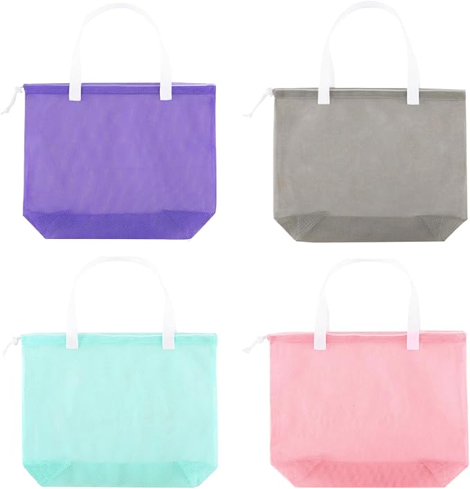 4Pieces Cute Mesh Pool Tote Bags,Mesh Beach Bags With Drawsting For Swim,Travel,Party