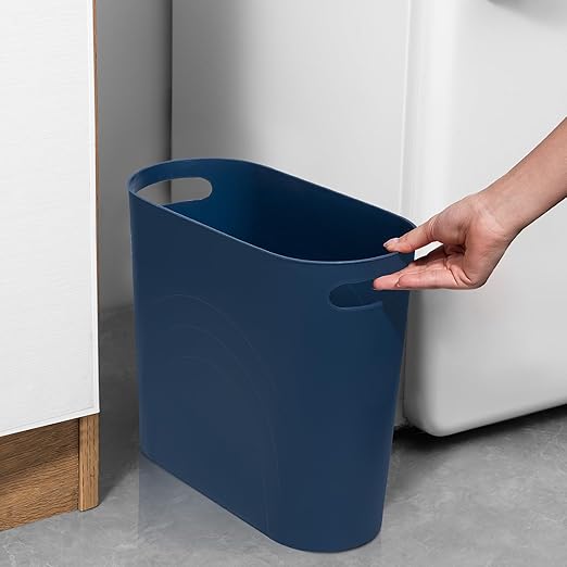 rejomiik Small Trash Can, 3.5 Gallon Slim Garbage Can Plastic Waste Basket with Handles Container Bin for Narrow Spaces Bathroom, Bedroom, Kitchen, Office at Home, 2 Pack Navy