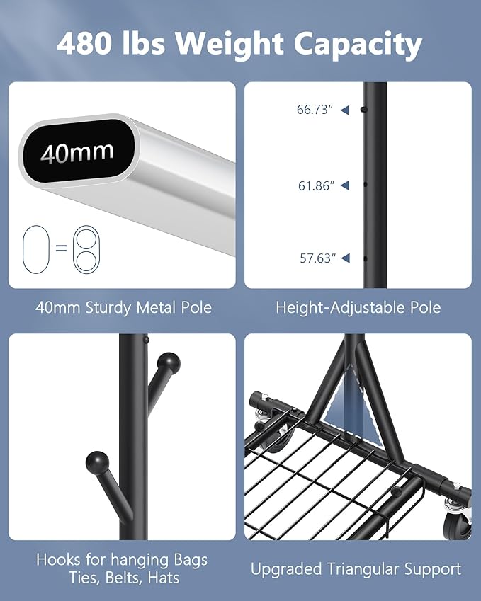 Hoctieon 1-Minute Assembly Clothes Rack, 480 lbs Heavy Duty Rolling Clothing Racks with Wheels, Foldable Garment Rack, Extendable Hanging Bar, Adjustable Metal Pole with Hooks, Black