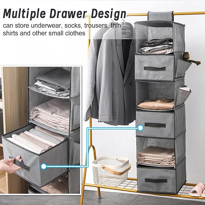 6-Shelf Hanging Closet Organizer, Hanging Storage Shelves with 3 Removable Drawers, Wardrobe Clothes Organizer, Cloth Hanging Shelves, Poucher Foldable for Closet Bedroom Home (1PCS 6-Shelf)