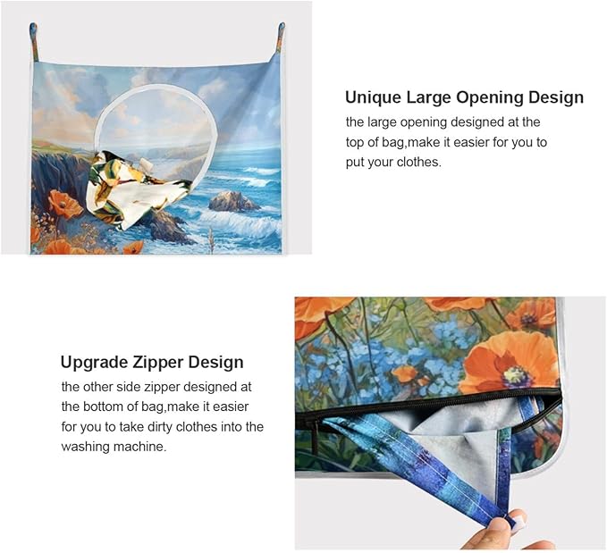 Hanging Laundry Hamper with Stainless Steel Hooks,Oxford Fabric Printing Door Laundry Clothes Bag, 29.5X20inch 2PCS Poppy Flower and Blue Ocean