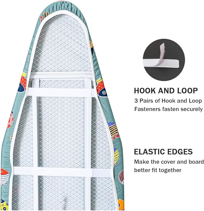 Ironing Board Cover and Pad Standard Size 15" x 54",3 Pairs of Hook and Loop Fastener Straps,Elastic Edges,Cotton Iron Board Cover with Scorch Resistant Thick Padding(Green+Fishes)