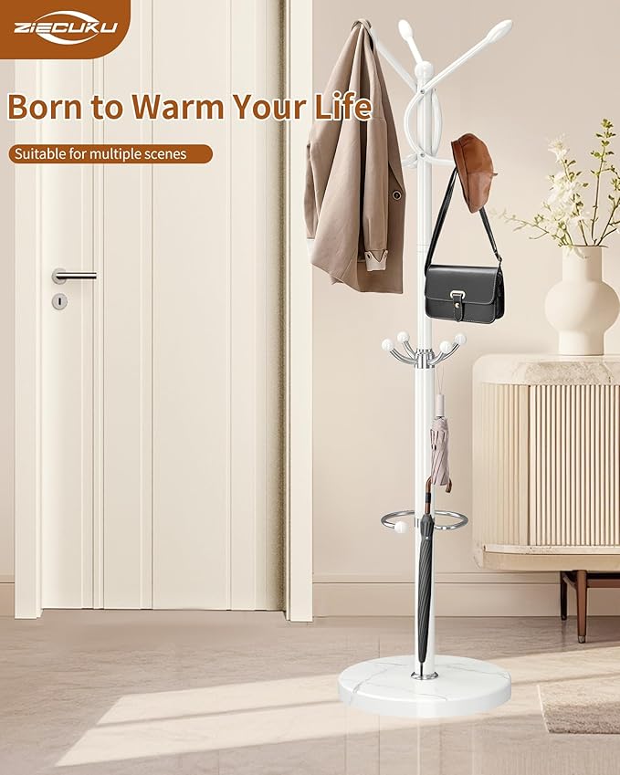 Metal Coat Rack with Natural Marble Base, Coat Rack Stand with 12 Hooks & Umbrella Holder, White Modern Freestanging Coat Racks, Coat Jacket Hanger Tree Stand for Corner Entryway Office
