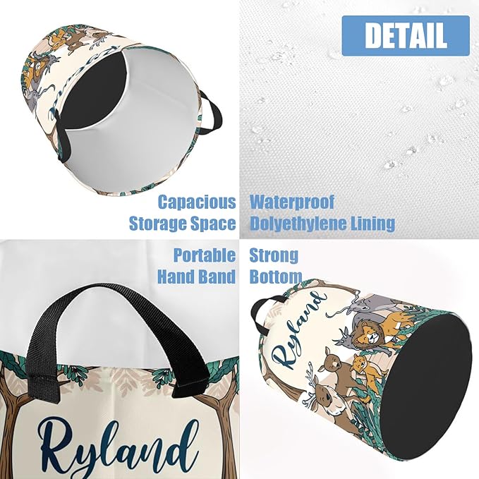 Personalized Baby Boys Laundry Hamper for Nursery, Custom Name Woodland Animals Laundry Baskets for Toddler Kids Adults, Personalized Gift Baby Name Laundry Hamper with Handles
