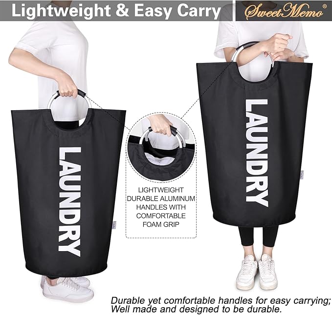 Tall Laundry Hamper with Handles，Large Laundry Basket, Freestanding Clothes Hamper Bag – Folding Dirty Fabric Laundry Bin for College Dorm，Laundry Room, Sturdy, Lightweight – 95L (Black)
