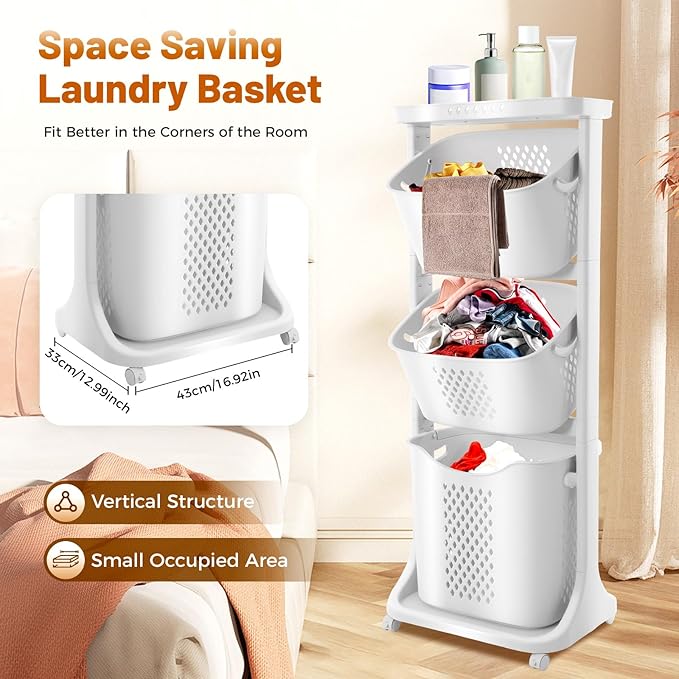3 Tier Laundry Basket, Rolling Laundry Hamper Cart with Wheels Removable Laundry Basket Porous Design Portable Rolling Cart for Bathrooms Laundry Rooms Bedrooms Living Rooms