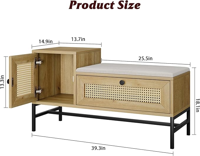 GarveeHome Rattan Shoe Bench with Linen Seat Cushion, Entryway Bench with Storage Cabinet, Wooden Storage Bench for Hallway and Bedroom, Natural Oak