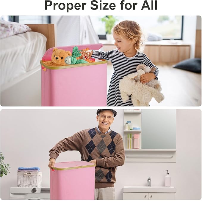Pink Hamper Pink Laundry Basket - 60L Slim Laundry Hamper with Lid, Cute Hamper Girls Laundry Basket for Bedroom, Slim Girls Laundry Hamper with Bamboo Handle, Ideal for Valentine's Day Gift