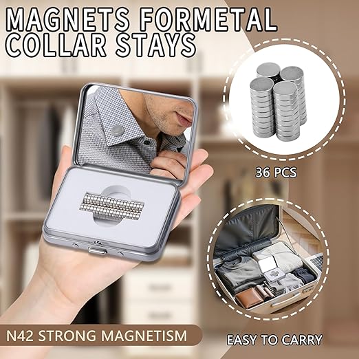 Mirror Box Magnets for Metal Collar Stays- 36Pcs N42 Strong Magnets in Portable Metal Case for Dress, Sport, and Casual Shirts (0.35 * 0.1IN,Silver)