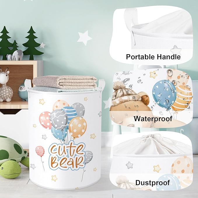 Sleeping Animals Baby Laundry Hamper Collapsible Clothes Kids Storage Basket Large Boys Girls Gift Toy Box Bin for Nursery, Bear, 63L