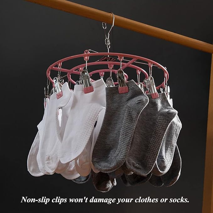 Stainless Steel Clothes Sock Drying Rack with 24 Clips, Swivel Hook Windproof Clothes Hanger Rack for Sock, Bras, Towel, Underwear, Laundry Clothes, Hat, Scarf, Pants, Gloves (Pink Clips)